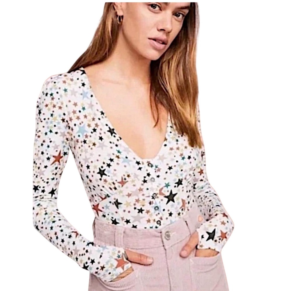 Free People Girls Like Us Bodysuit XS Ivory Star Print Y2K Celestial Festival